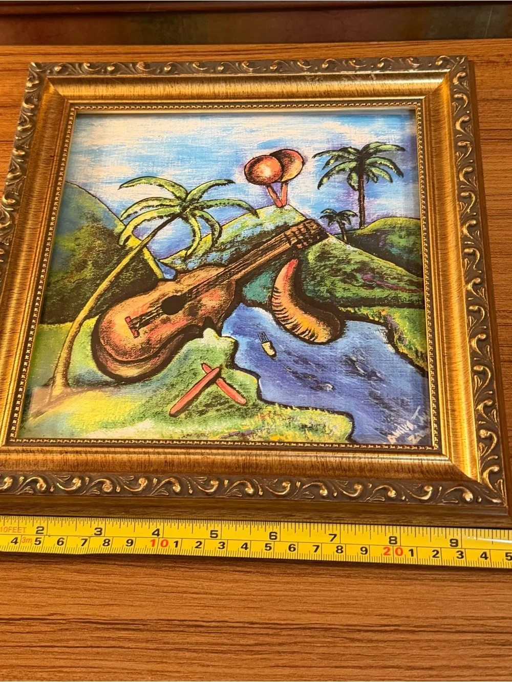Signed Tropical Landscape Print Ornate Gold Frame Guitar Palm Trees 10”x10”